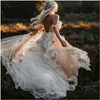 A-Line Wedding Dresses Backless 2021 Boho Dress 3D Appliqued Summer Beach Bridal Gowns Off The Shoder Tle Loves Lace Outdoor Lady Ma Dhvts