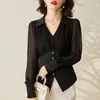 Blouses pour femmes élégant chic volants mince bureau dame affaires chemises décontractées 2023 mode noir blanc col en V à manches longues haut chemisier femmes