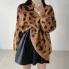 Suéteres femininos Coreia do Sul chique outono e inverno retro preguiçoso design sentido de pequeno solto leopardo impressão em torno do pescoço camisola mulher