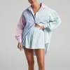 Gymkleding Dames Single Breasted Gestreept Kleuraanpassing Shirt met lange mouwen Top Tweedelige shorts Set Strandjurk Outfit