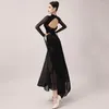 Stage Wear 2023 Robe de danse de salon Femmes Fleur Noir Manches longues Bal Club Social Valse Vêtements Performance L11675