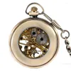 Карманные часы, уникальные бронзовые часы со скелетоном, механические ручные ветровые часы, мужские и женские часы-брелок с цепочкой, Рождественский подарок