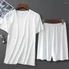 Men's Sleepwear Men's Men Ice Silk Pajamas Solid Shirt&Pant 2PCS Pijamas Sleep Set Casual Male Home Clothes Summer Pyjamas Nightwear