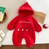 Rompertjes 2023 Kerstkostuum Baby Baby Jongens Meisjes Jumpsuit Met Capuchon Cartoon Afdrukken Pluche Dikker Romper Jaar Kinderkleding 231027