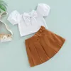 Kläduppsättningar Kid Girl 2st Dress Outfits Short Puff Sleeve Solid Color Tops Bow-Knot Pleated kjolar Style Culottes Set