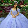 Luxe Sweetheart Hemelsblauwe Quinceanera Jurk Met Cape Feestjurk Prinses Kant Applicaties Bloem Uit De Schouder Voor 16 Jaar