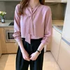 Kvinnors blusar Fashion Woman Blue 2023 Autumn Elegant and Youth Bow Lace Up Shirts Satin Silk Clothing