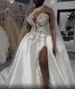 Luxury Sexy Arabic A Line Wedding Dresses Bridal Dress One Shoulder Lace Appliques Silver Crystal Beaded Side Split Wedding Gowns Cathedral Train Overskirts 2023
