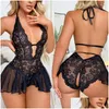 Women'S Sleepwear Womens Sleepwear Open Crotch Lingerie Women Lace Transparent Pajamas Set Y Deep V Bra Crotchless Pajama Erotic Night Otrpm