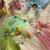 Vestidos de menina 2023 verão meninas vestido 3d flores malha princesa crianças sem mangas verde rosa azul bege para 2-12y