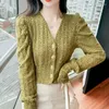 Women's Blouses Ricaqico 2023 Autumn Winter V-neck Long Sleeve Shirt Women Blouse Niche Bottoming With Puff Brushed Thick Lace Shirts Top