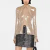 Women's Blouses Khaki Peaked Collar Glitter Sequins Beaded Mesh Shirt Fashion Open Flared Sleeve Transparent Blouse Tops 2023