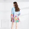 Retro Floral Long Sleeve Mini Dress Women Designer Stand Collar Elegant Print Vacation Blue Short Dresses 2023 Autumn Winter Runway Slim Fit Stylish Party Frocks