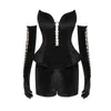 Women's Tracksuits 2023 Black Velvet Woman Set Fashionable Glove Sexy Hollow Out Metal Ring Strapless Top And Shorts 3 Pieces High Street