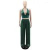 Women's Two Piece Pants WUHE Fashion Set Halter Neck Sequined Crop Top And Chiffon Wide Leg 2023 Sexy 2 Sets Outfits Tracksuit