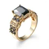 Anéis de casamento moda quadrado preto safira cz para mulheres amarelo banhado a ouro anel de pedra de aniversário acessório de joia