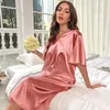 Women's Sleepwear Women Ice Silk Long Pajamas Short Sleeves Dress Party Sexy Satin Nightdress Plus Size Cool Feeling Thin Homewear