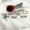 Band Rings 9 Pieces Set Of Personalized Lady Ring Retro Totem Elephant Turquoise Lotus Fish Tail Joint Pattern Casual Party Jewelry Dr Dhah6