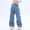 Damen Jeans Tasche Einfarbig Overalls Jeans Damen Y2K Street Retro Loose Wide-Leg Overalls Paar Casual Joker Wischen Jeans Hosen Damen 231027