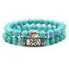 2 stks/set zilveren kleur boeddha kop lava skelet turquoises natuursteen kralen voor vrouwen heren armband set charmebanden mode juweliers