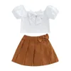 Kläduppsättningar Kid Girl 2st Dress Outfits Short Puff Sleeve Solid Color Tops Bow-Knot Pleated kjolar Style Culottes Set