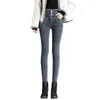 Women's Pants Women Cotton Denim Jeans Solid Color Trousers Cozy Winter For High Waist Faux Fur Lining Slim Fit Button Closure