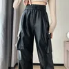 Calças femininas vintage pu carga para mulheres design cintura alta outono e inverno leggings americano dois wear perna larga couro