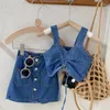 Set di abbigliamento Set da 2 pezzi Abbigliamento per bambina per bambini Fasciatura senza maniche Canotte in denim Tasca a trapezio Jeans Gonna Abiti Moda Bambini Estate