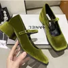 Dress Shoes Mary Janes Women Golden Velvet Square Toe College Style Casual Pumps Fashion Shallow Buckle High Heel