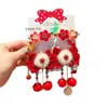 Hårtillbehör Plush Children Red Bowtie Hairpin Tassel Flower Hanfu Sticks Tang Suit Clip Cloth Chinese Year Headwear Girls