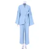 Women's Two Piece Pants Two-Piece Women French Style Solid Color Pure Cotton Suit Long-Sleeved Cardigan Loose Trousers Wide-Leg Nightgown