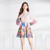 Retro Floral Long Sleeve Mini Dress Women Designer Stand Collar Elegant Print Vacation Blue Short Dresses 2023 Autumn Winter Runway Slim Fit Stylish Party Frocks