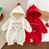 Rompers 2023 Christmas Costume Infant Baby Boys Girls Jumpsuit Hooded Cartoon Printing Plush Thicken Romper Year Kids Clothing 231027