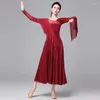 Stage Wear Ballroom Dance Dress Red Black Flare Long Sleeve Standard Dancing Costume Women Tango Waltz Performance DL11173