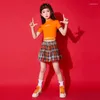 Clothing Sets Kids Hip Hop Outfits Girls Orange Crop Top Plaid Skirt Summer Streetwear Teens Dance Costume 4-16Y