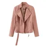 Damen Leder Faux Jacke Frauen mit Gürtel 2023 Mode Mantel Frühling Herbst Europa Amerika Größe Kleidung Schwarz Lila Braun Rosa Kleidung