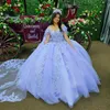 Luxe Sweetheart Hemelsblauwe Quinceanera Jurk Met Cape Feestjurk Prinses Kant Applicaties Bloem Uit De Schouder Voor 16 Jaar