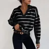 Women's Sweaters Long Sleeve Striped Pullover V Neck Collar Knit Loose Jumper Tops Female Fashion Warm Pullovers Outwear