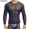 Mens Transparent Mesh See-through Fishnet Tshirt Sexy Long Sleeve Tee Shirt Homme Slim Fit Mesh Sheer Top Understshirts XL 210522305n