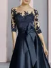 Dark Navy Satin A Line Mother Of The Bride Dresses Lace Appliqued Half Sleeves Women Formal Occasion Prom Gowns With Bow Belt Tea Length Wedding Party Dress CL2839