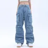 Damen Jeans Tasche Einfarbig Overalls Jeans Damen Y2K Street Retro Loose Wide-Leg Overalls Paar Casual Joker Wischen Jeans Hosen Damen 231027