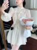 Casual Dresses 2023 Spring Long Sleeve Pure Color Elegant Chiffon Dress Women Vintage Lace One Piece Korean Fashion Party Y2k Mini