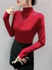 Kvinnors T-skjortor Autumn Winter Beading Splicing Slim Shinning Waffle Mesh T-shirts Women Half Turtleneck långärmad eleganta tees toppar