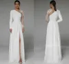 فستان زفاف جانبي غير متماثل ، فستان زفاف طويل الأكمام ، حفل ثوب الزفاف المدني للعروس ، الزر ، طول الأرضية ،