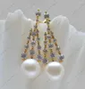 Boucles d'oreilles pendantes Z12856, ensemble de 10mm, perles d'eau douce rondes blanches, pendentif en CZ