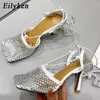 Klänningskor Eilyen Green Yellow Crystal Women Pumps Square Toe Fishnet Hollow Ankle Cross-bundna High Heel Rhinestone Sandals Lady Dress Shoe 231027