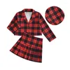 Ensembles de vêtements enfants filles 3pcs automne plaid col rabattu cardigan à manches longues mini jupe plissée a-ligne béret cap vêtements