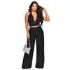 Women's Two Piece Pants WUHE Fashion Set Halter Neck Sequined Crop Top And Chiffon Wide Leg 2023 Sexy 2 Sets Outfits Tracksuit