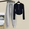 Dames Tweedelige Broek 2023 Dames Lente Herfst Sportpakken Vrouwelijke Capuchon Effen Cropped Tops En Losse Casual Dames 2 Sets Q251