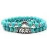 2 stks/set zilveren kleur boeddha kop lava skelet turquoises natuursteen kralen voor vrouwen heren armband set charmebanden mode juweliers